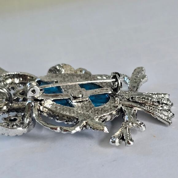 Vintage Gerry's Owl Brooch Women's Silver Faux Turquoise Cabochon Autumn Birding - Picture 5 of 8